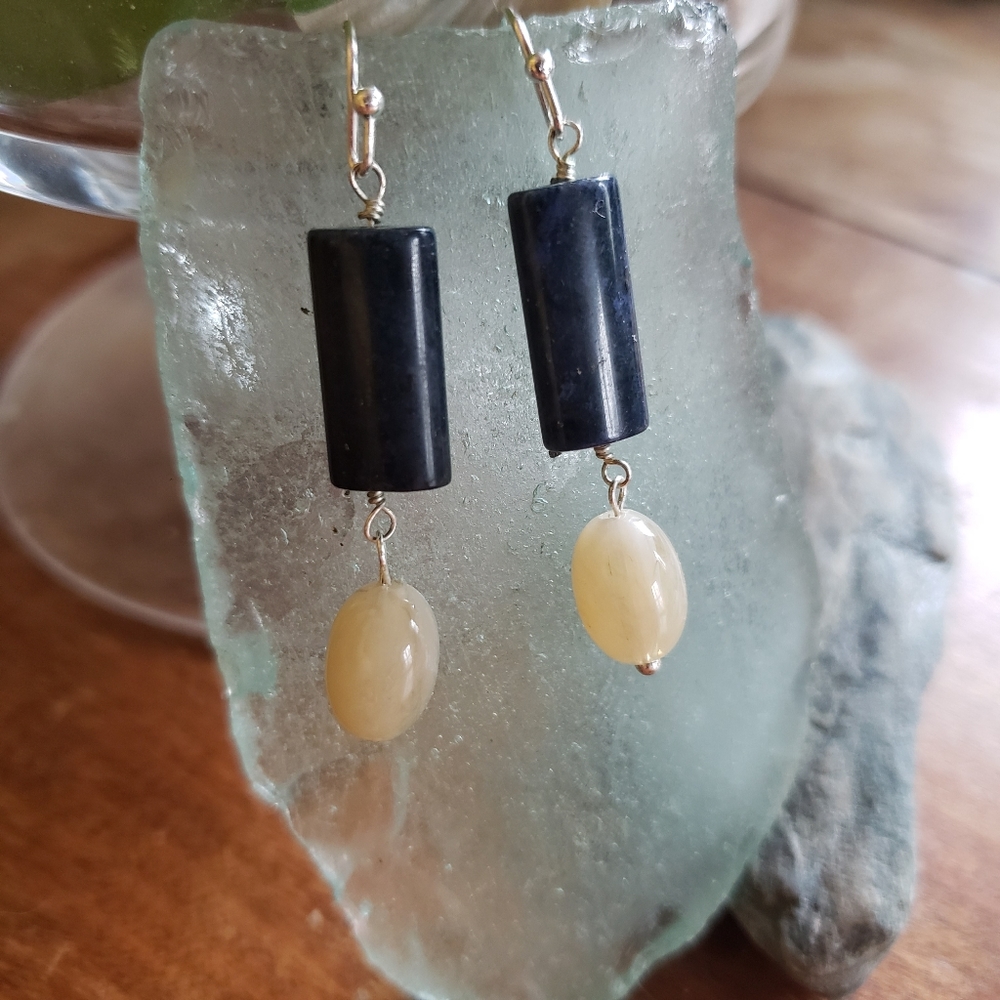 Handmade Upcycled Antique Blue Stone Dangling Earrings
